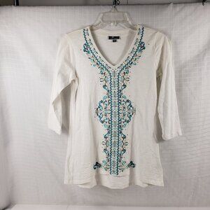 JM Collection Petite PP Top Tunic Cotton Embroidery Beads White Teal Brown 2P